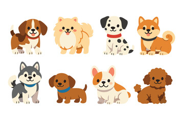 Fototapeta premium Cute Dog Breeds Vector Illustration Set Featuring Beagle, Pomeranian, Dalmatian, Shiba Inu, Husky, Dachshund, French Bulldog, and Poodle in Simple Flat Cartoon Style for Graphic Design Projects