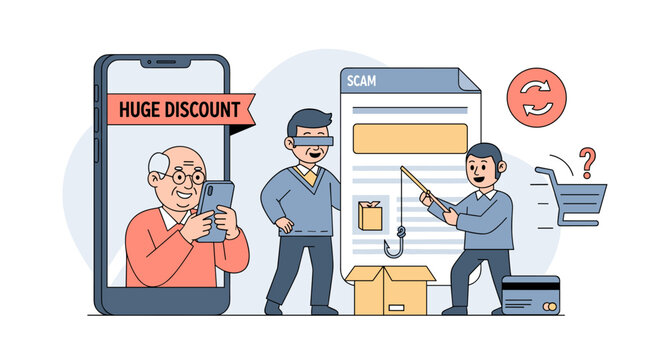 Online shopping promotion with a huge discount displayed on a smartphone screen, businessmen reviewing a document, and a shopping cart with question
