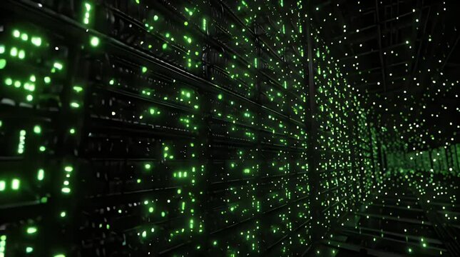 Data center server racks blinking with green status lights in a dark room with a premium cinematic panning shot for information technology marketing