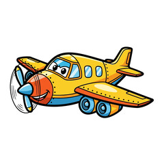 Cartoon Yellow Airplane with Smiling Face and Propeller, Isolated