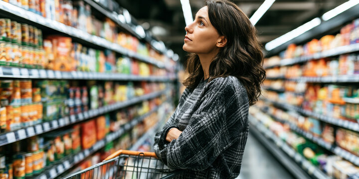 Young woman choosing bottled drinks in a supermarket aisle, representing grocery shopping, consumer choice, retail products and everyday food purchasing decisions