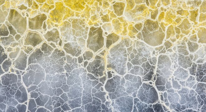 Extreme macro view of cracked earth with yellow mineral deposits and white crystalline structures