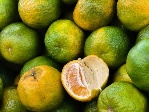 Freshly Picked Green Oranges with One Peeled
