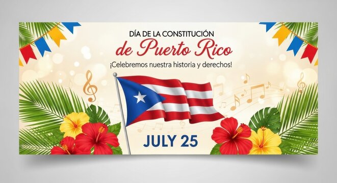 Puerto Rico Constitution Day celebration banner with flag and hibiscus