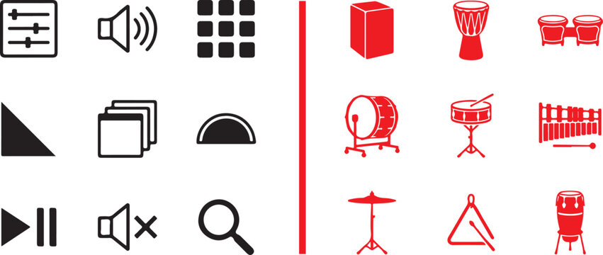 Vector icon set featuring audio media controls and percussion musical instruments in black and red flat design