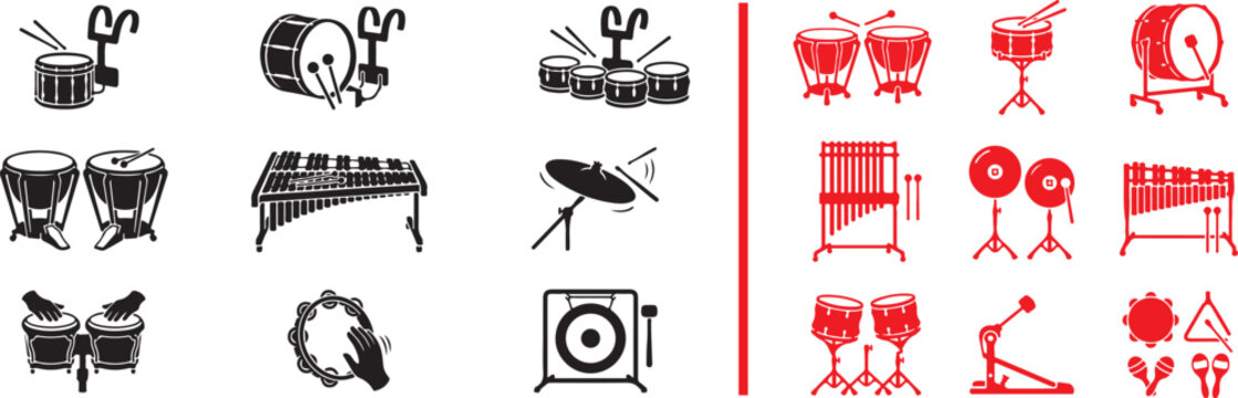 Percussion musical instruments vector icon set featuring drums xylophone cymbals tambourine and gong in black and red silhouettes