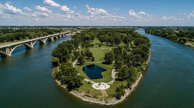 Aerial Perspective of Scenic Riverfront Island Park with Concrete Arch Bridge, Memorial Monument, Pond, Lush Woodlands and Distant Urban Skyline on Sunny Summer Day