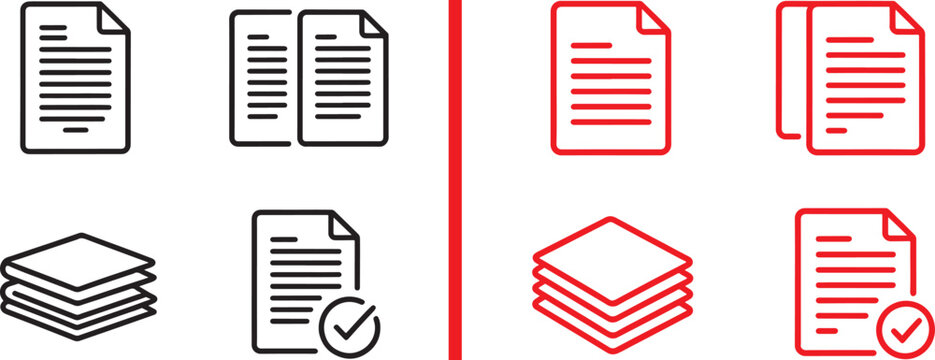 Document and paper stack line icons set in black and red vector style for business administration and file management