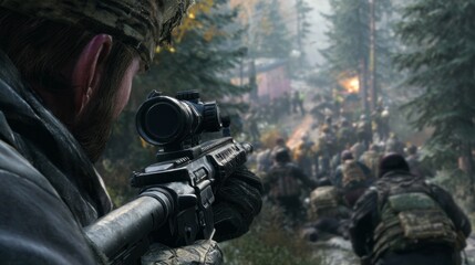 Obraz premium In a dense forest, soldiers gather in a chaotic scene, while one sniper takes aim through a high-powered scope, tension rising as they prepare for conflict