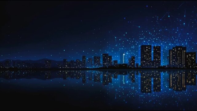 Smart digital Innovation city with connection network reciprocity over the twilight cityscape. of future smart wireless digital city and social media networking systems that connects people with city