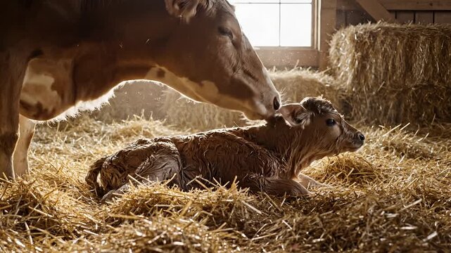 Mother cow tenderly licking newborn calf in sunlit barn with hay bales.
