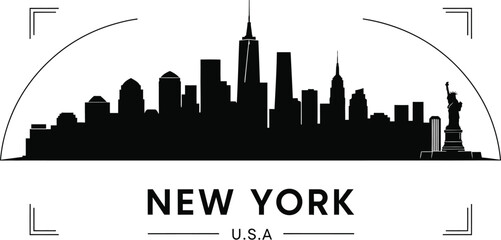Obraz premium New York City skyline silhouette with Statue of Liberty and camera framing on white background