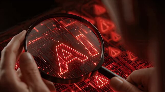 Artificial intelligence symbol scrutinized through magnifying glass on glowing red motherboard in cinematic macro panning shot for tech marketing
