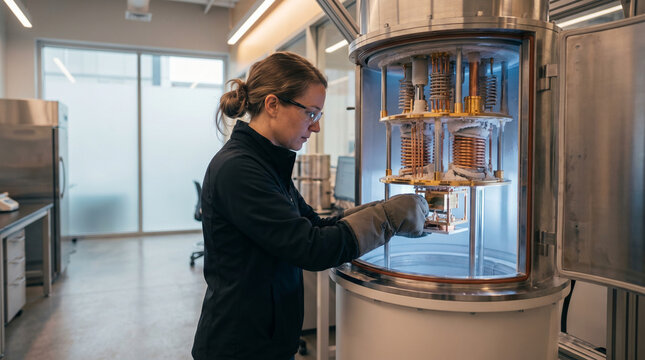 Quantum computing researcher pressing gloved fingertips to a superconducting chip mounted in a cryogenic dilution refrigerator chamber, fros