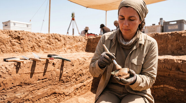 Archaeologist brushing compacted sediment layers from a bronze-age ceramic shard at a sun-baked excavation pit, harsh midday sun casting sha