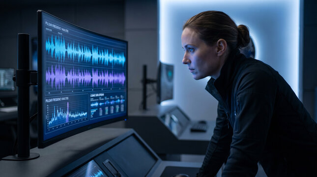 Astrophysicist leaning over a curved monitor array displaying pulsar wave frequency graphs in a darkened observatory control room, blue ligh
