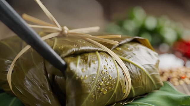 Steamed Food Wrapped in Green Leaves Tied with Twine.