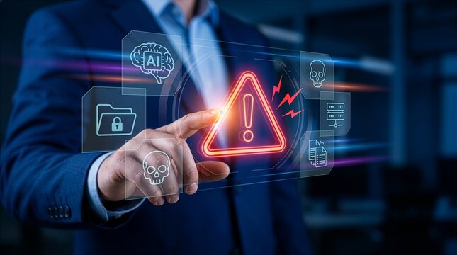 Data cybersecurity warning alert with ai monitoring system showing file risk detection and cyber threat notification for data protection system control and information security