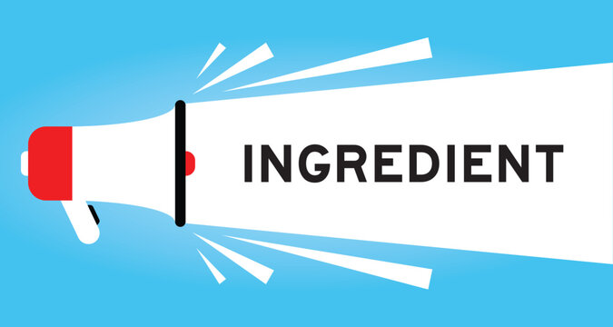 Color megaphone icon with word ingredient in white banner on blue background