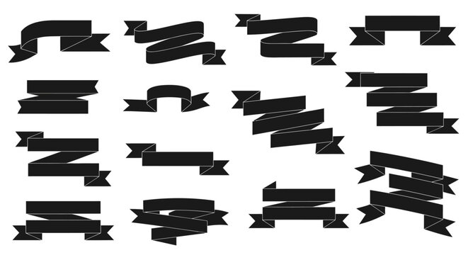 Large Collection of Black Ribbon Banners and Scrolls in Various Shapes, isolated white background