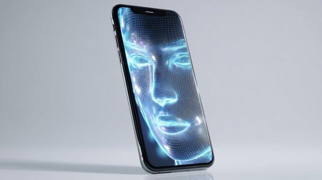 Angled smartphone showcasing facial overlay in studio lighting, neon contour lines trace profile and facial landmarks, product designer demonstrating interface interaction, sleek reflective surface