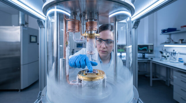 Quantum computing researcher pressing gloved fingertips to a superconducting chip mounted in a cryogenic dilution refrigerator chamber, fros 2