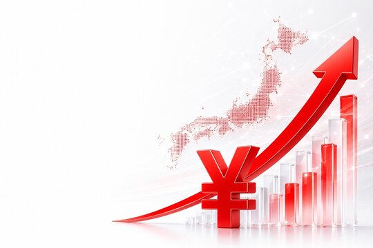 日本経済の成長イメージ｜円と上昇グラフの3Dビジネスイラスト（コピースペース）生成AI