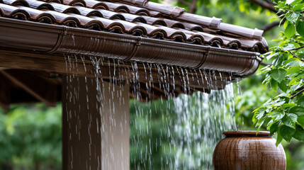 Naklejka premium Roof rain water gutter downpour house garden nature exterior green Close roof rain water gutter downpour house garden nature exterior green with fresh shower flowing from tile roof edge beside