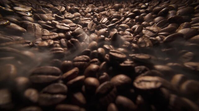 Wide angle sliding shot of roast coffee beans with gentle smoke on a dark background. Fresh coffee beans roasting with aromatic steam slow motion video 120 fps. 