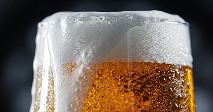 Fresh Cold Beer Pouring with Thick White Foam in Glass Macro View