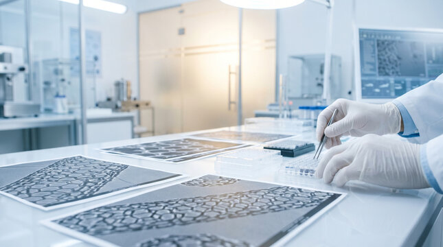 Nanotechnology lab bench covered with electron microscopy printouts showing carbon nanotube lattice structures beside precision forceps and 3