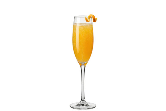 premium classic mimosa champagne cocktail with orange twist garnish in a crystal flute glass on transparent background