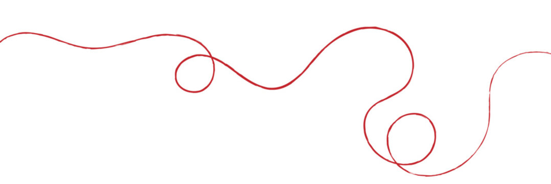 Red thread isolates on a white background. Red thread looped in a circle form, symbolizing vector. Line of red yarn, long red thread. EPS 10 .
