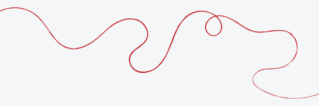 Red thread isolates on a white background. Red thread looped in a circle form, symbolizing vector. Line of red yarn, long red thread. EPS 10 .