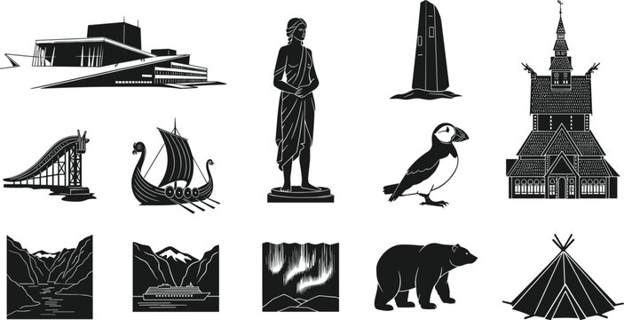 Set of Norway landmarks and culture silhouettes, including Oslo Opera House, viking ship, stave church, puffin, aurora, and polar bear isolated on white background.