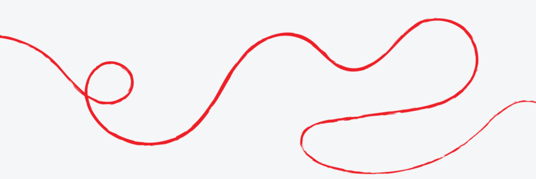 Red thread isolates on a white background. Red thread looped in a circle form, symbolizing vector. Line of red yarn, long red thread. EPS 10 .