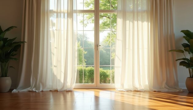 Sunlight streams through sheer curtains onto a polished wooden floor. A large window reveals a rich green garden. Two potted plants flank the window, adding life to the room.