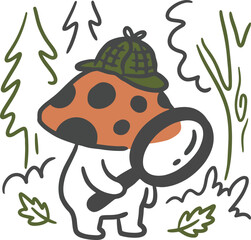 Obraz premium Cartoon mushroom detective with magnifying glass and deerstalker hat in forest