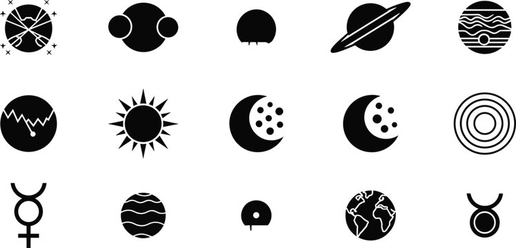 Set of space planet silhouettes, astronomical symbols, saturn rings, crescent moon, sun icons, and earth globe isolated on white background, vector design elements.