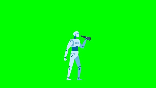 Innovation, automation. Data analyzing, technology. AI forecasting. Ai or artificial intelligence with ai robot looking through telescope into future. Side view. 2d flat animation. Alpha channel
