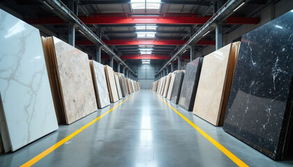 Fototapeta premium Huge warehouse storage with rows of marble and granite slabs. Natural stone tiles neatly stacked in a commercial building interior. Yellow lines guide way on floor.