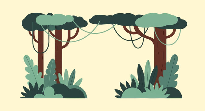 Vector flat design illustration of a lush jungle scene with trees and hanging vines, creating a natural archway
