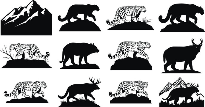 Snow leopard and wild deer silhouettes set with majestic mountain ranges, wildlife predators and horned stags in vector template for microstock