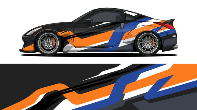 Black sports car with orange blue.