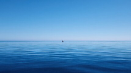 Naklejka premium Soothing maritime scenery featuring solitary sailboat. Peaceful blue water surface with distant boat at sunrise. Serene scene of tranquil ocean waters with gentle waves and lone vessel at dawn