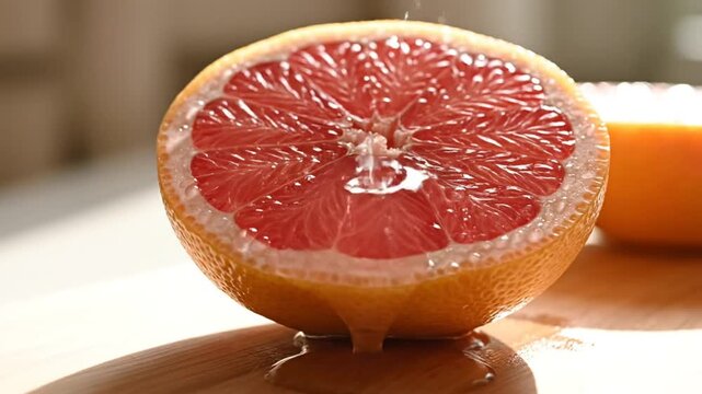 Close up of a juicy ruby red grapefruit half being squeezed, juice running down, healthy food concept