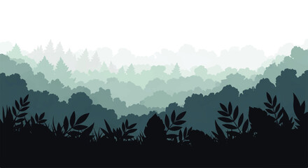 Vector flat design illustration of a misty forest landscape with layered trees and foreground foliage in cool © denijulianto