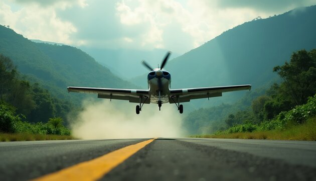Small propeller plane lifts off from asphalt runway near lush green mountains. Dusty cloud kicks up as aircraft ascends into sky over misty forest landscape.