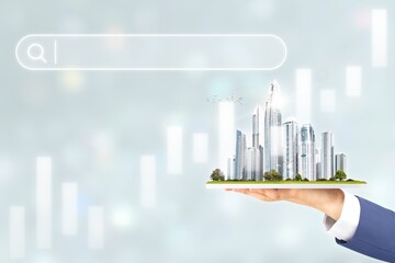 Fototapeta premium Business hand holding futuristic city skyline with search bar