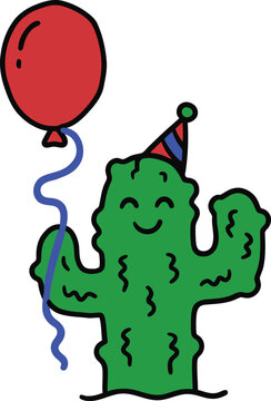 Cheerful green cactus wearing a party hat holds a red balloon with a blue string